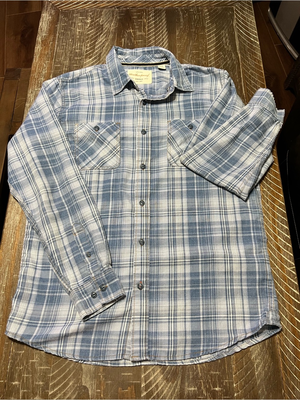 Weatherproof Vintage Men’s Rugged Long Sleeve Blue Plaid Shirt Size Medium